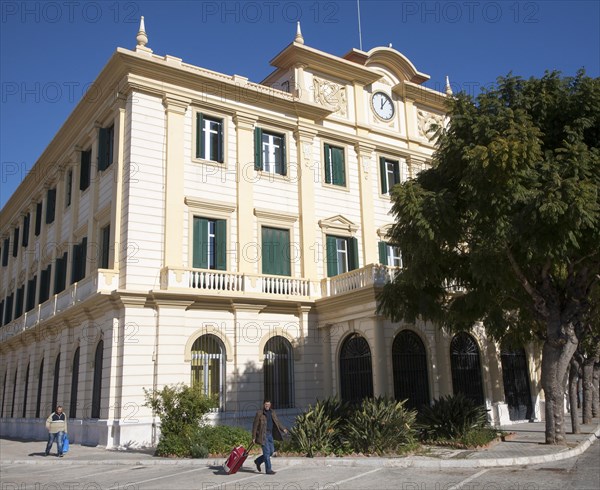 Historic port authority office building Malaga, Spain eclectic classicist style, 1935 architect Manuel Acena Gonzalez