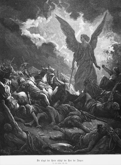The angel of the Lord smites the army of the Assyrians, 2nd Book of Kings, swords, weapons, battle, dead, lightning, dark clouds, Bible, Old Testament, historical illustration