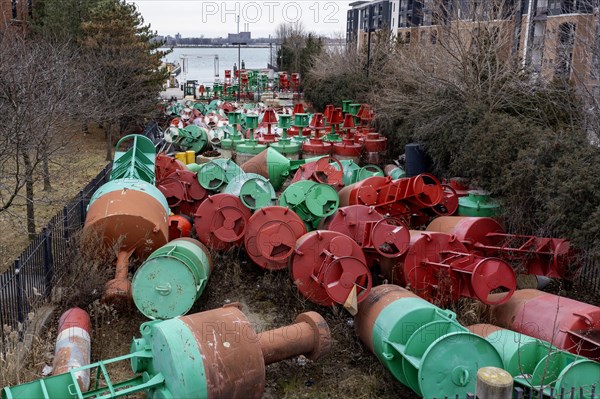 Detroit, Michigan, Navigational buoys stored at the U.S. Coast Guard station. The buoys mark the shipping channel from Saginaw Bay in Lake Huron through the St. Clair River, Lake St. Clair, and the Detroit River to Lake Erie. Many buoys are removed from the water and stored at the Coast Guard station for the winter