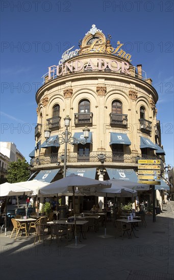 El Gallo Azul rotunda building cafe built in 1929 advertising Fundador brandy, Jerez de la Frontera, Spain, Europe