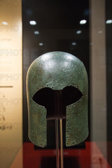Greek Corinthian bronze helmet, seventh century BC, archaeology museum, Jerez de la Frontera, Cadiz Province, Spain, Europe