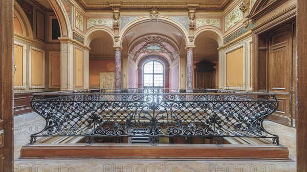 Classical architecture of an interior with ornate railings and marble floor, Villa Woodstock, Lost Place, Wuppertal, North Rhine-Westphalia, Germany, Europe