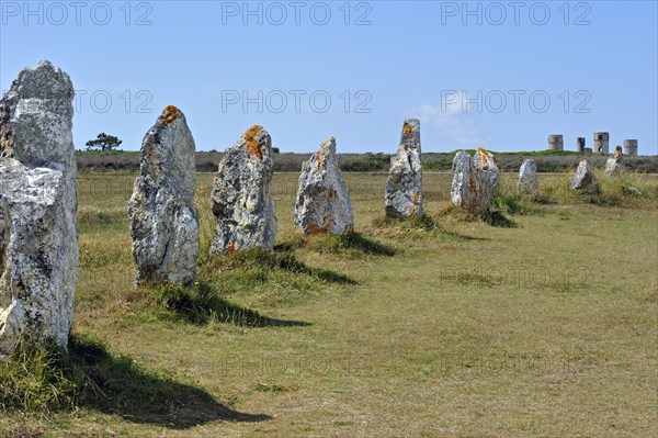 Megalithic standing stones, Alignements de Lagatjar and ruins of the Manoir de Coecilian at Crozon, Camaret-sur-Mer, Finistere, Brittany, France, Europe