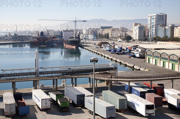 Vehicle containers on the quayside in the port of Malaga, Spain, Europe