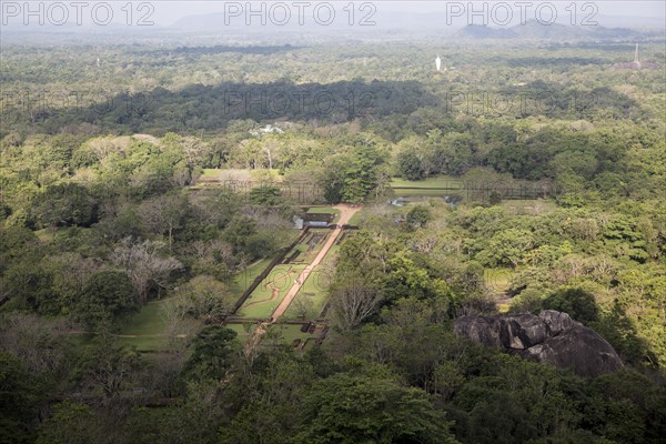 View of water gardens from rock palace fort, Sigiriya, Central Province, Sri Lanka, Asia