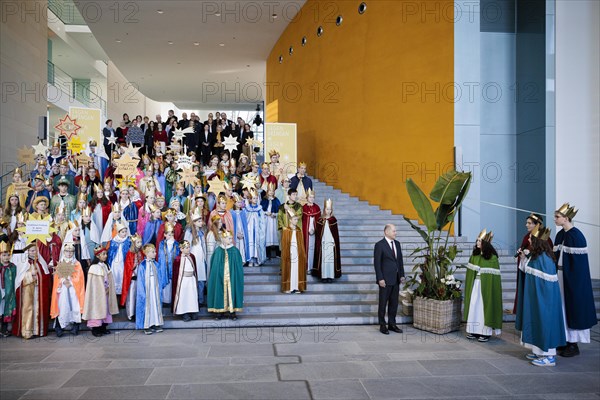 Federal Chancellor Olaf Scholz (SPD) pictured at the traditional reception for carol singers at the Federal Chancellery in Berlin, 8 January 2024