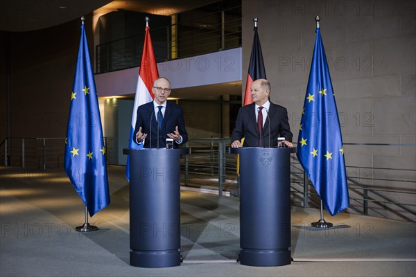 Federal Chancellor Olaf Scholz (SPD) and Luc Frieden, Prime Minister of the Grand Duchy of Luxembourg, give a press conference after talks at the Federal Chancellery in Berlin, 8 January 2024