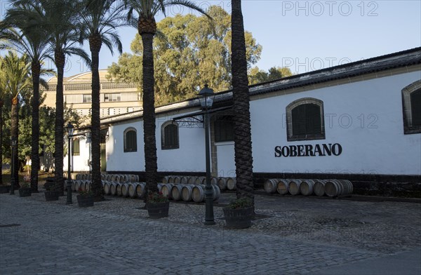 Soberano brandy cognac brand sign on building, Gonzalez Byass bodega, Jerez de la Frontera, Cadiz province, Spain, Europe