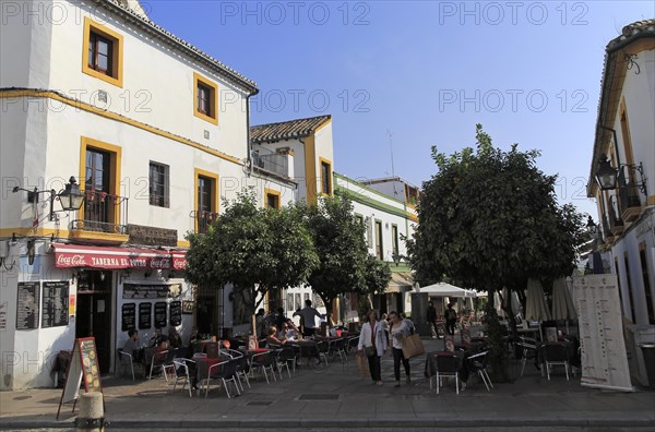 People sitting outdoors tables and chairs of restaurants in old part of city centre, Cordoba, Spain, Europe