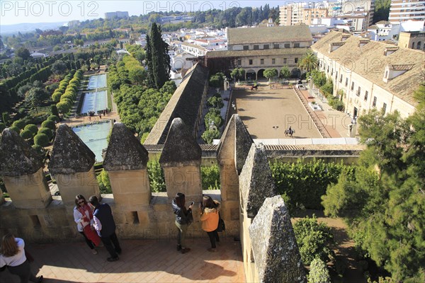 View from a tower over Alcazar de los Reyes Cristianos, Alcazar, Cordoba, Spain looking over gardens and equestrian centre