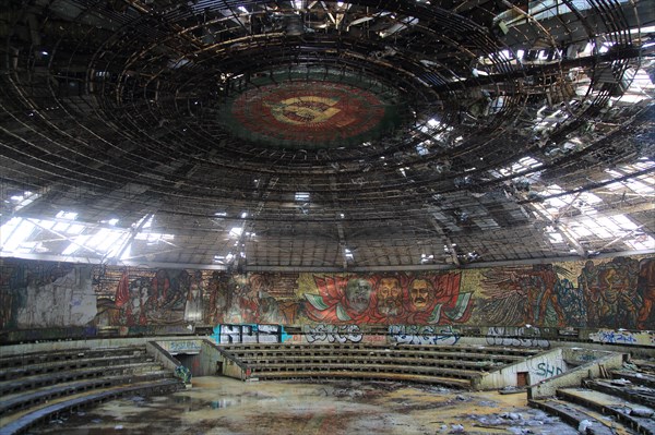 Ruined vandalised interior of Buzludzha monument former communist party headquarters, Bulgaria, eastern Europe, Europe