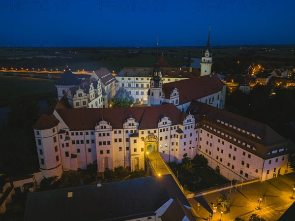 Hartenfels Castle from above, at dusk, Torgau, Saxony, Germany, Europe