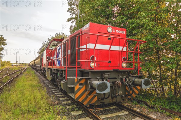 Side view of a locomotive with goods train on tracks, surrounded by green foliage, Lower Rhine, North Rhine-Westphalia, Germany, Europe