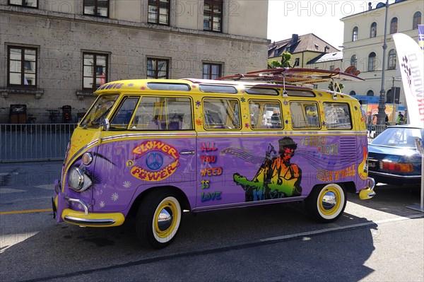 VW Transporter T1, side view, with surfboards and painting from the hippie era, Munich, Bavaria, Germany, Europe
