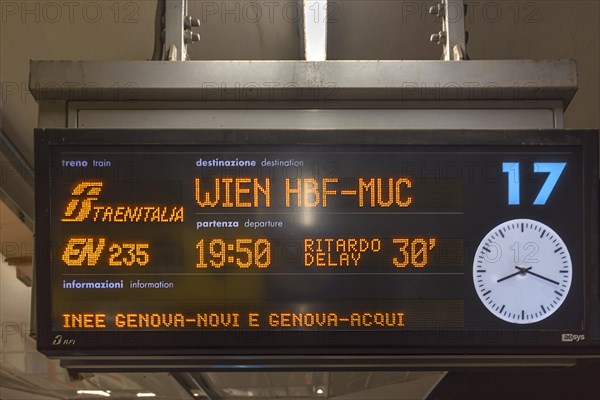 Electronic display board on the platform, Genova Piazza Principe, in the evening, Piazza Acquaverde, Genoa, Italy, Europe