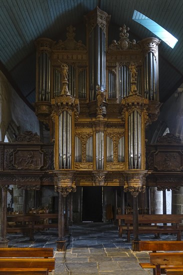 17th century oak organ by organ builder Thomas Dallam, Enclos Paroissial parish of Guimiliau, Finistere Penn ar Bed department, Brittany Breizh region, France, Europe