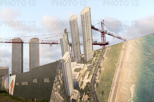 Construction site building activity image with cranes neat Twin Towers of World Trade Centre, Colombo, Sri Lanka, Asia