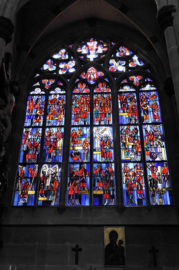 Church windows with Christian motifs, Heilig-Kreuz-Muenster, start of construction around 1315, Schwaebisch Gmuend, Baden-Wuerttemberg, Germany, Europe