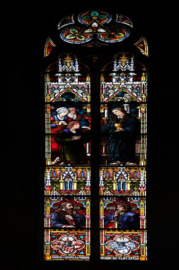 Colourful stained glass window with reformers Johannes Calvin and Huldrych Zwingli, stained glass, arts and crafts, reformer, church history, celebrity, black, silhouette, Katharinenkirche, Oppenheim, Rhine-Hesse region, Rhineland-Palatinate, Germany, Europe