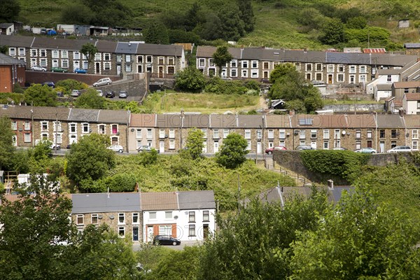 Linear pattern of terraced houses in Cwmparc, Treorchy, Rhonnda valley, South Wales, UK