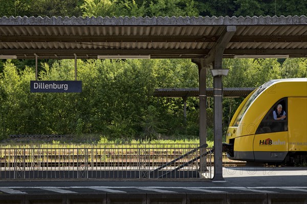 Dillenburg station with stationary railcar of a local train of the Hessische Landesbahn HLB, Hesse, Germany, Europe