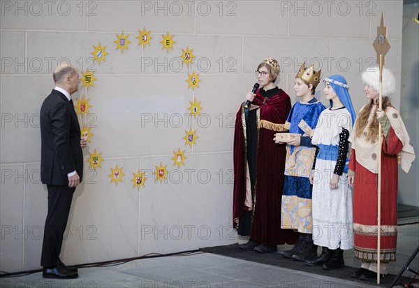 Federal Chancellor Olaf Scholz (SPD) pictured at the traditional reception for carol singers at the Federal Chancellery in Berlin, 8 January 2024