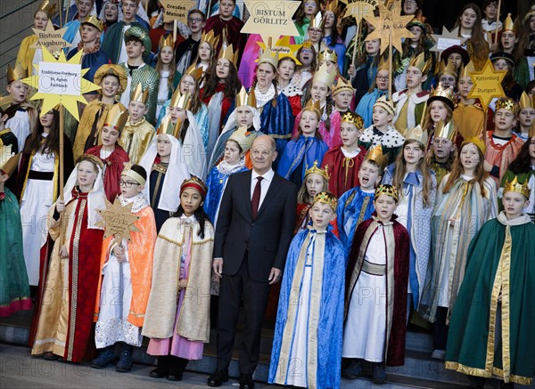 Federal Chancellor Olaf Scholz (SPD) pictured at the traditional reception for carol singers at the Federal Chancellery in Berlin, 8 January 2024