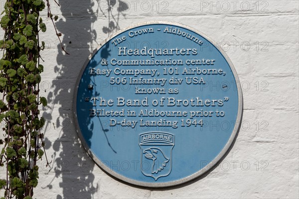 Blue plaque Easy Company, Band of Brothers, 101 Airborne, USA army, Aldbourne, Wiltshire, England, UK
