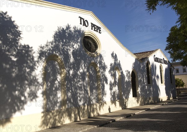 Tio Pepe sherry brand sign Gonzalez Byass bodega building, Jerez de la Frontera, Cadiz province, Spain, Europe