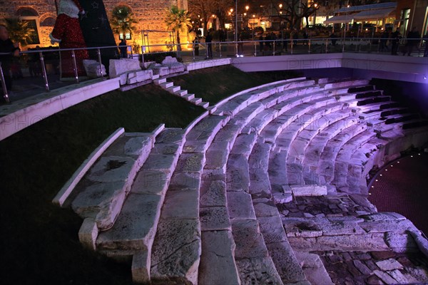 Roman stadium steps illuminated at night, city centre of Plovdiv, Bulgaria, Europe