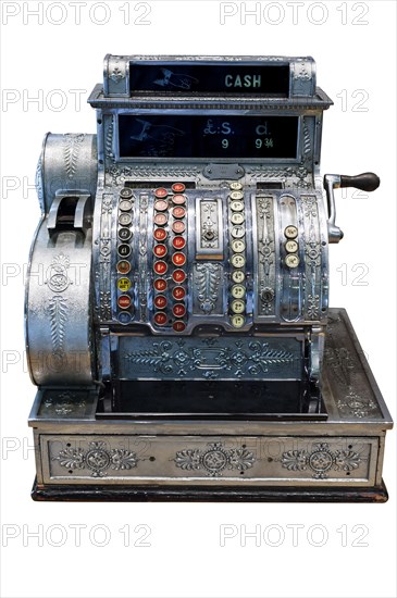 Historical cash register, cash register, shop, shop, analogue, history, historical, shop, merchant, cash, clipping, clipped, white background, neutral background