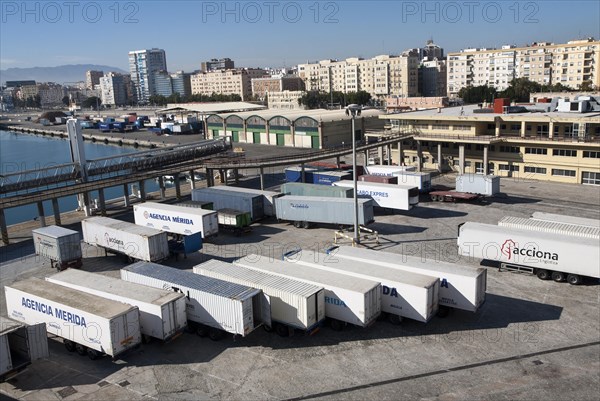 Vehicle containers on the quayside in the port of Malaga, Spain, Europe