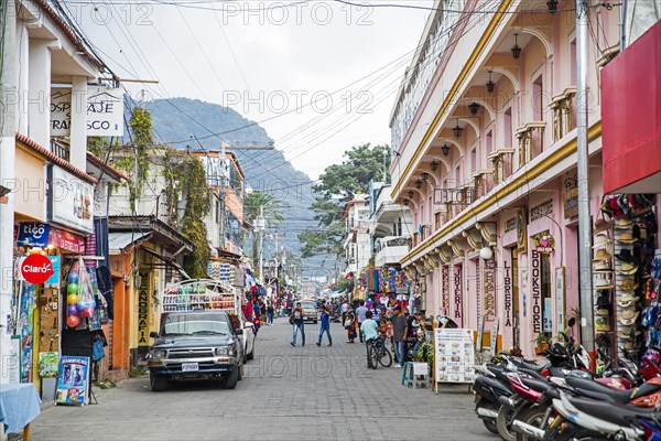 Shops and restaurants in shopping street in the town Panajachel at Lago de Atitlan, Lake Atitlan, Solola Department, Guatemala, Central America