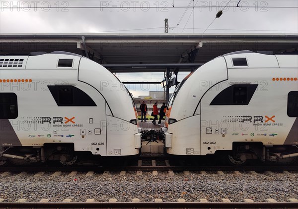 Two railcars facing each other with a view at the main railway station, Witten, North Rhine-Westphalia, Germany, Europe