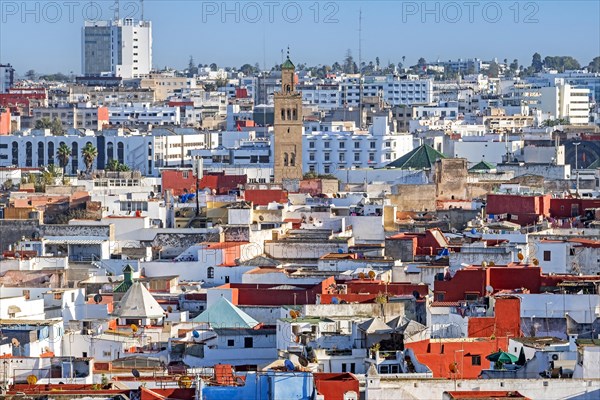 Aerial view over medina and the Great Mosque, el-Kharrazin Mosque in the city Rabat, Rabat-Sale-Kenitra, Morocco, Africa