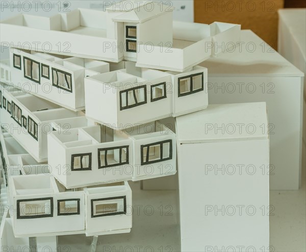 Closeup of student architectural design depicting stacked units in a fan shape with open roof top