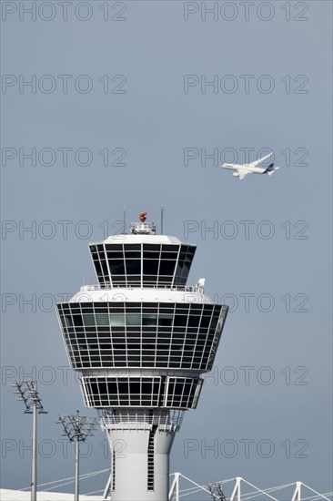 Lufthansa Airbus A350-900 with tower, Munich Airport, Upper Bavaria, Bavaria, Germany, Europe