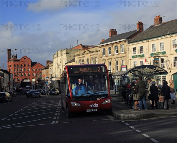 Bus stop in market place in the town of Devizes, Wiltshire, England, United Kingdom, Europe
