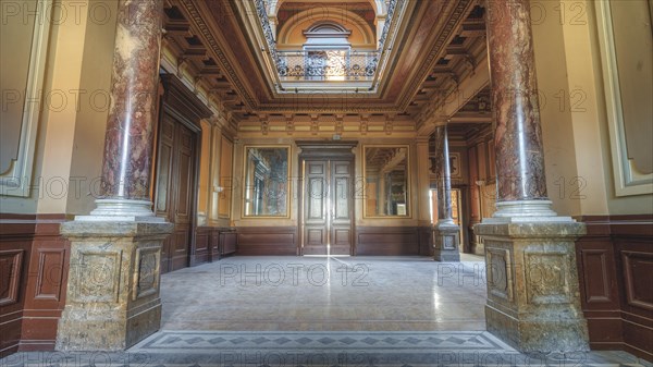 Historic interior with marble floor and painted ceilings between columns, Villa Woodstock, Lost Place, Wuppertal, North Rhine-Westphalia, Germany, Europe