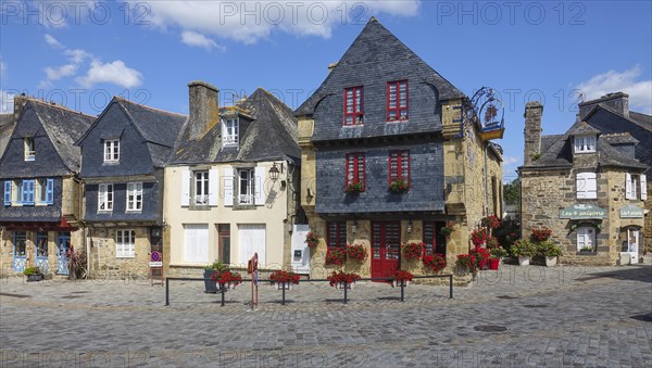 Rue du General de Gaulle in the old town centre of Le Faou with slate-roofed granite houses from the 16th century, Finistere Penn ar Bed department, Bretagne Breizh region, France, Europe