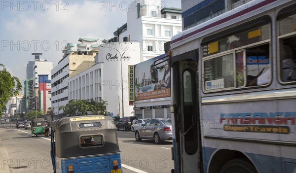 Buses and traffic in city centre of Colombo, Sri Lanka, Asia