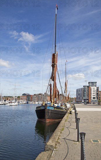 Historic sailing barge at quayside mooring in the Wet Dock, Ipswich, Suffolk, England, United Kingdom, Europe
