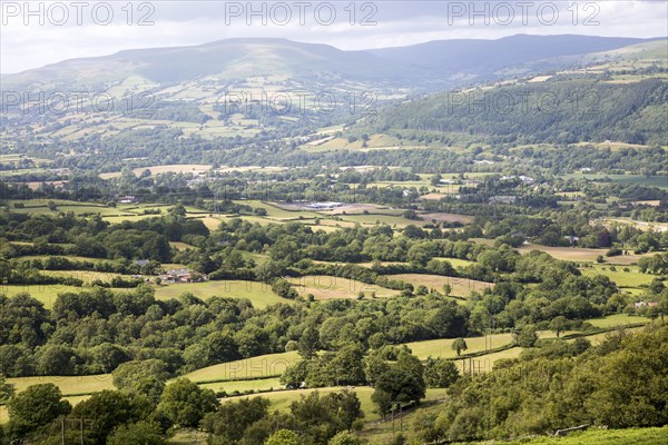 Usk valley landscape looking north west from B4246 road, near Abergavenny, Monmouthshire, Wales, UK