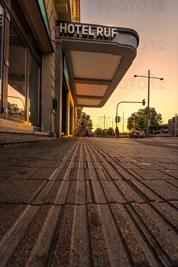 Entrance of the Hotel Ruf at sunset, Pforzheim, Germany, Europe