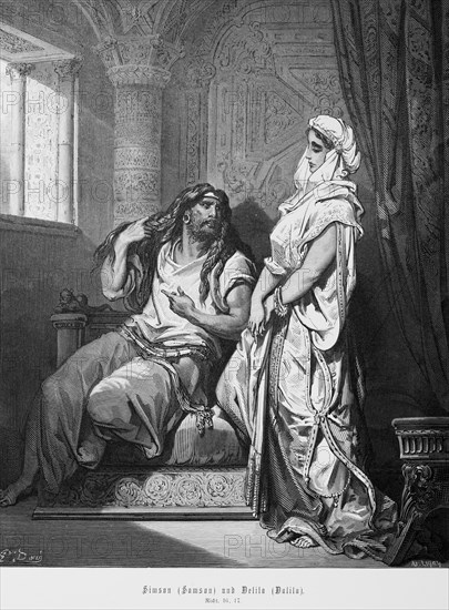 Samson or Samson and Delilah, Book of Judges, Chapter 16, Bible, building, interior, window, pillar, armchair, long hair, man, woman, curtain, sitting, standing, shy, precious garment, talking, Old Testament, historical illustration 1885