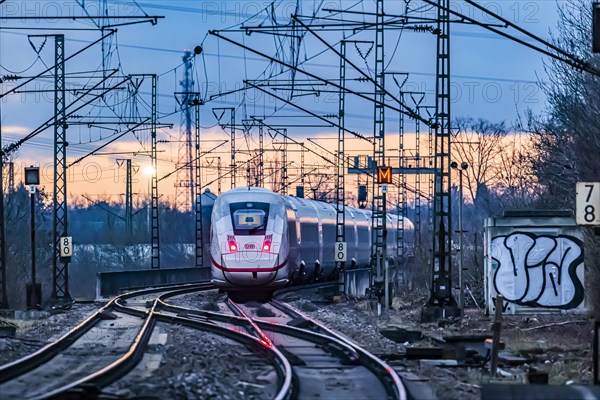 Railway line with many overhead lines and railway signals, InterCityExpress ICE of Deutsche Bahn AG, Stuttgart, Baden-Wuerttemberg, Germany, Europe