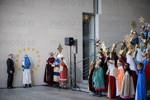 Federal Chancellor Olaf Scholz (SPD) pictured at the traditional reception for carol singers at the Federal Chancellery in Berlin, 8 January 2024