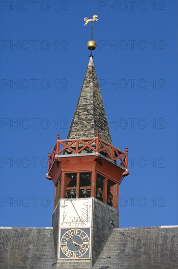 Roof-turret with carillon, clock and sundial of the town hall in the city Damme, West Flanders, Belgium, Europe