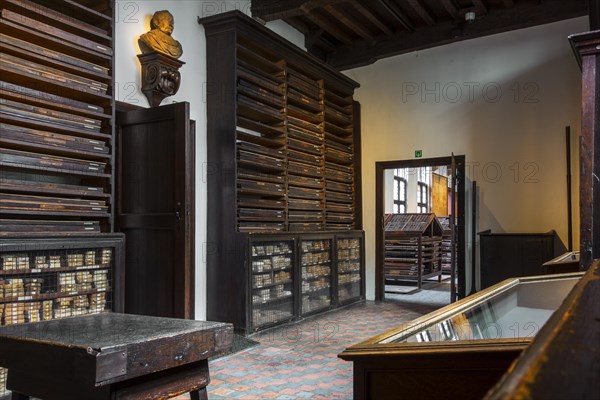 Racks of cast type in type store at the Plantin-Moretus Museum, Plantin-Moretusmuseum about 16th century printers, Antwerp, Belgium, Europe