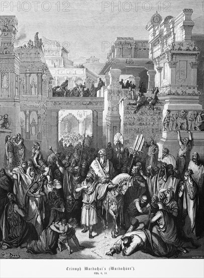 Triumph Mardachais, Esther, chapter 6, cityscape, crowd, music, trumpet, rider, horse, antiquity, Bible, Old Testament, historical illustration